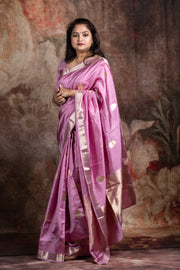 Pure Lavender soft katan handwoven silk saree with gold and silver border, with stitched blouse