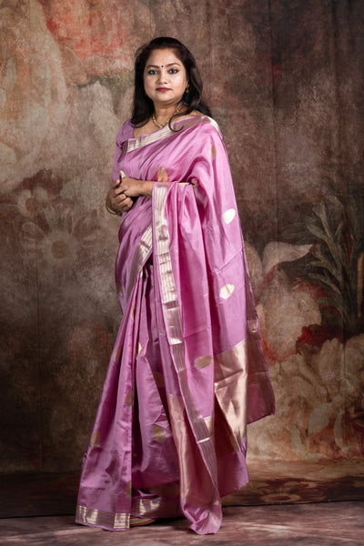 Pure Lavender soft katan handwoven silk saree with gold and silver border, with stitched blouse