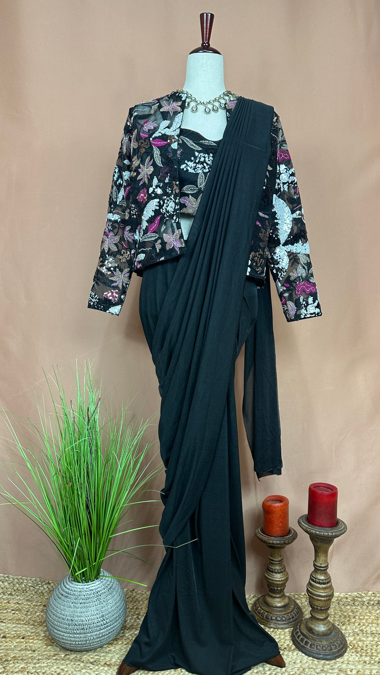 Black ready made saree with blouse and jacket