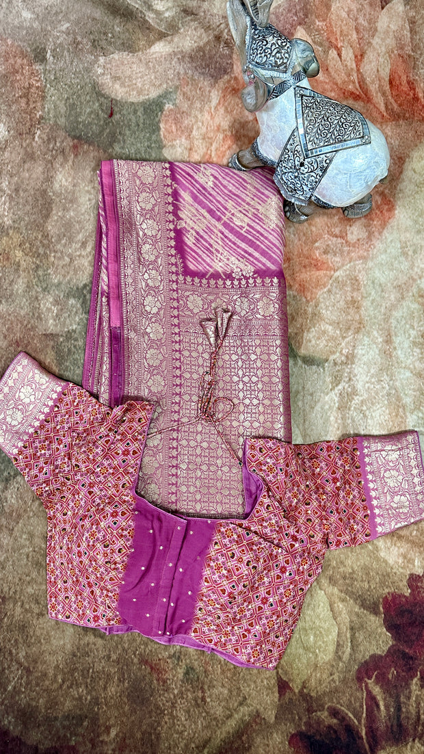 Blush Pink Jaal Weaved Georgette Banarasi Saree with Digital Print and Stitched Blouse