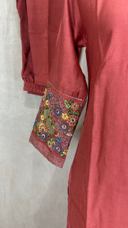 Dark coral pink kurti with floral printed dupatta and bottom