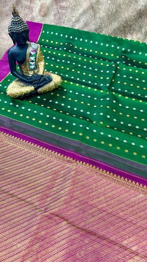 Bottle Green and Wine Red  Kanchivaram Silk Handwoven Saree with Stitched Blouse