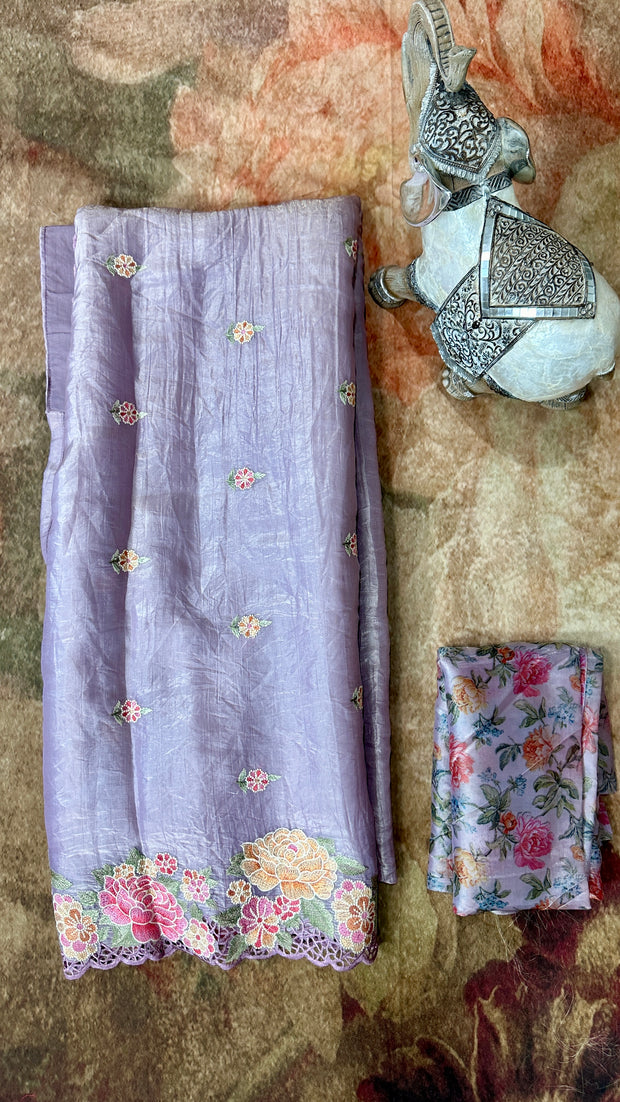 Lilac crushed tissue saree with cut work, with BP