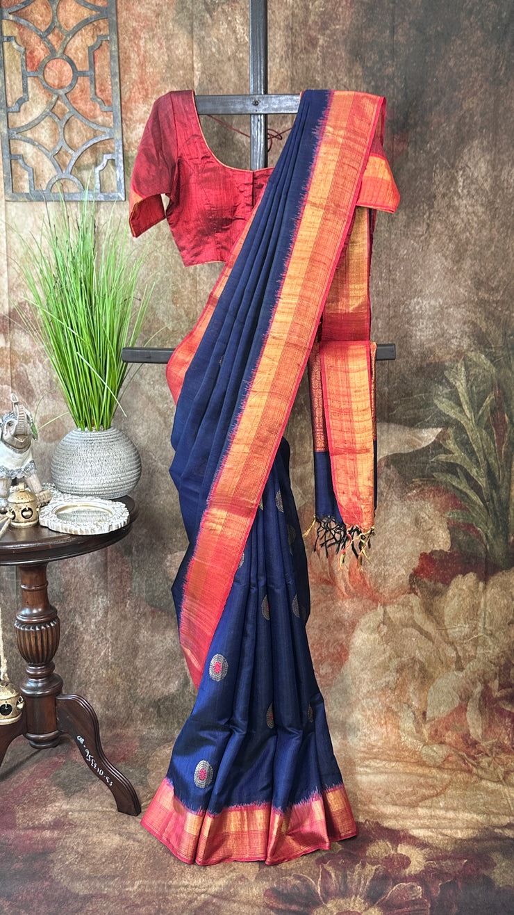 Navy blue and brick red combo pure raw silk saree with stitched blouse