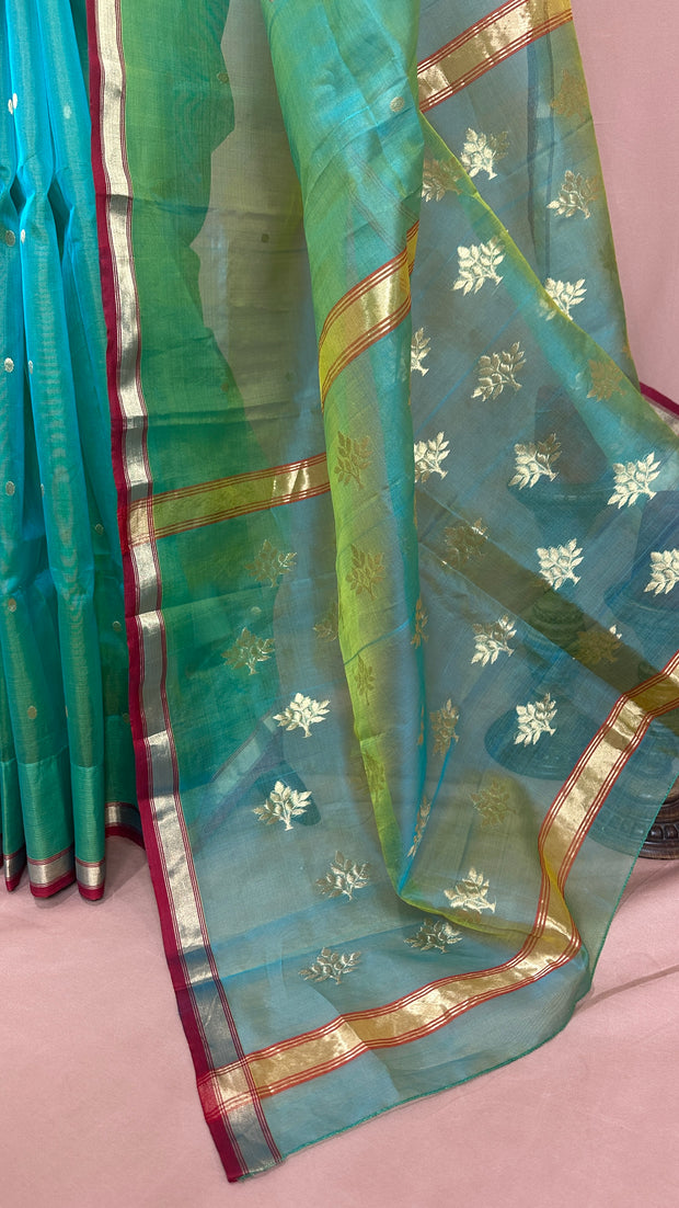 Light green double shaded pure handloom chanderi silk saree with stitched blouse