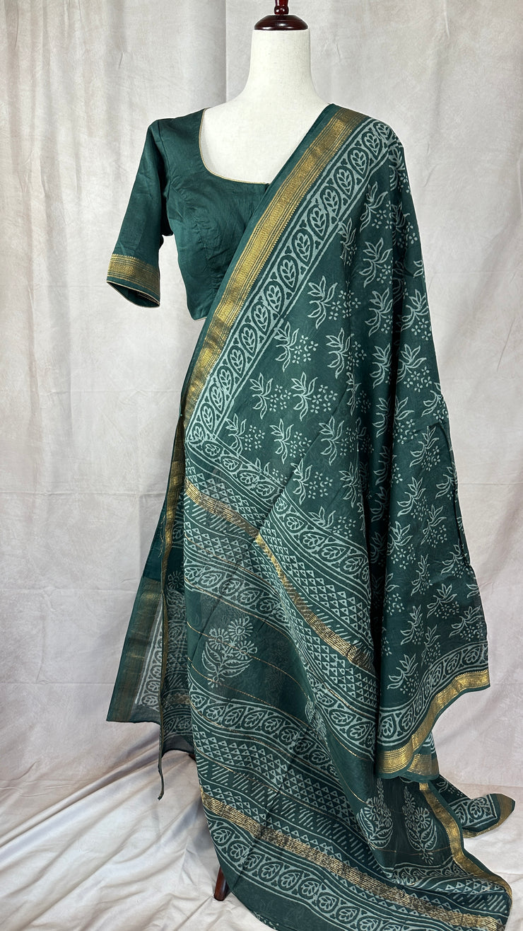 Handblock printed Maheswari cotton silk saree with stitched designer blouse