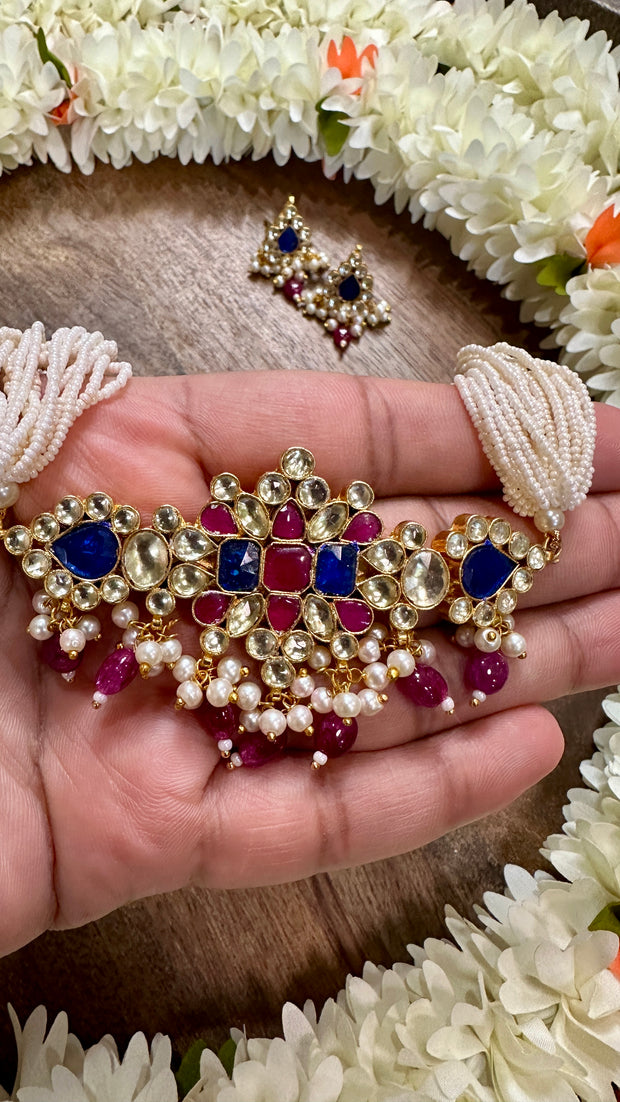 Blue and pink colcor kundan choker with earring