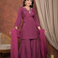 Wine red crepe kurti with flared palazzo and dupatta