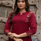 Maroon Cotton kurti with embroidery and bottom