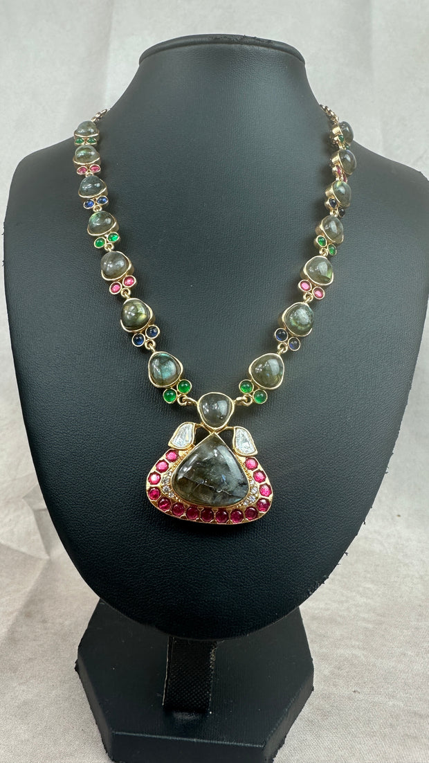 Semi precious gem stone and moissanite necklace