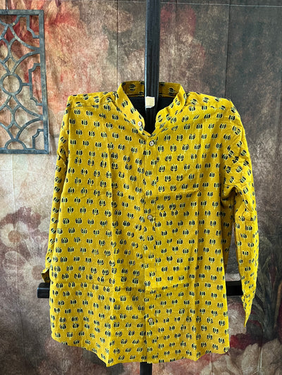 Mustard yellow ajrakh hand block printed cotton shirt- Size 40