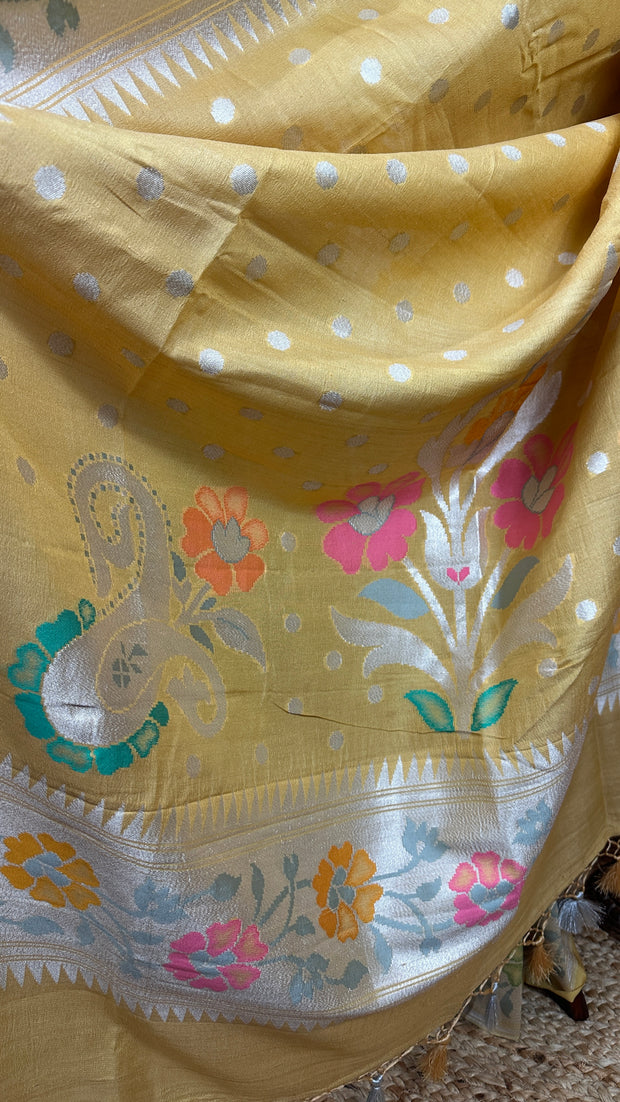 Pure tussar georgette hand loom banarsi saree with Paithani border, stitched blouse