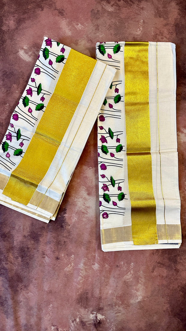 Set mundu with gold border and pichwai print