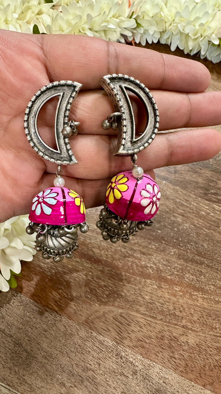 Sliver replica pink meenakari Jhumka