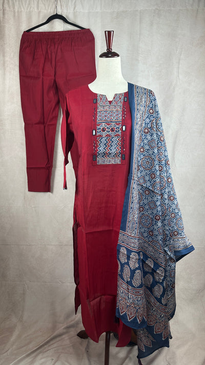 Red modal cotton kurti with bottom and dupatta