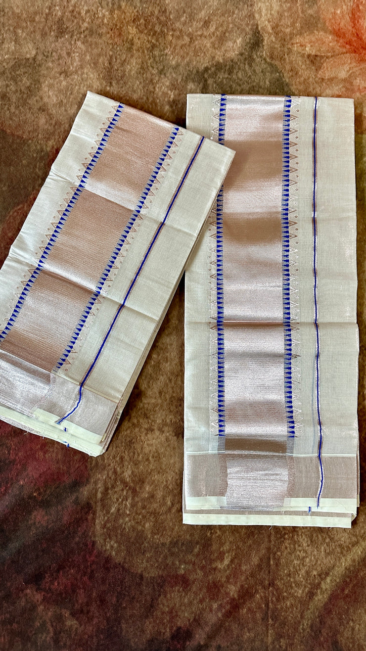 Set mundu with copper zari and blue thread weave