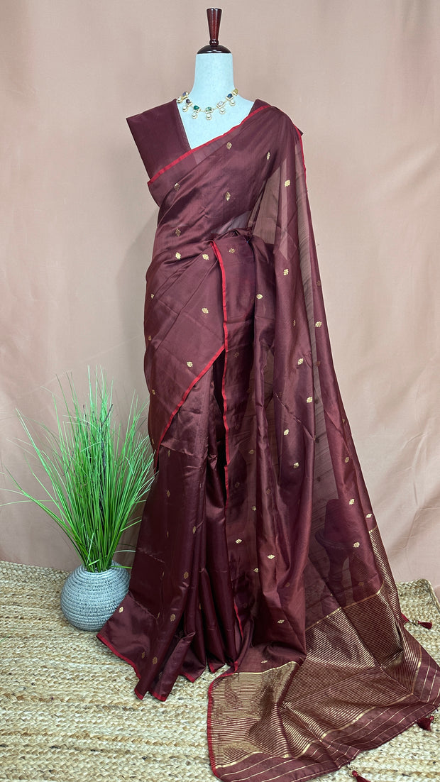 Coffee brown and red combo pure silk chander handloom saree with BP