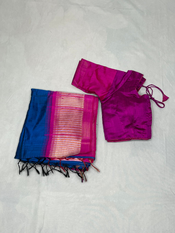 Ink Blue and Pink Combo Pure Raw Silk Saree with Stitched Blouse