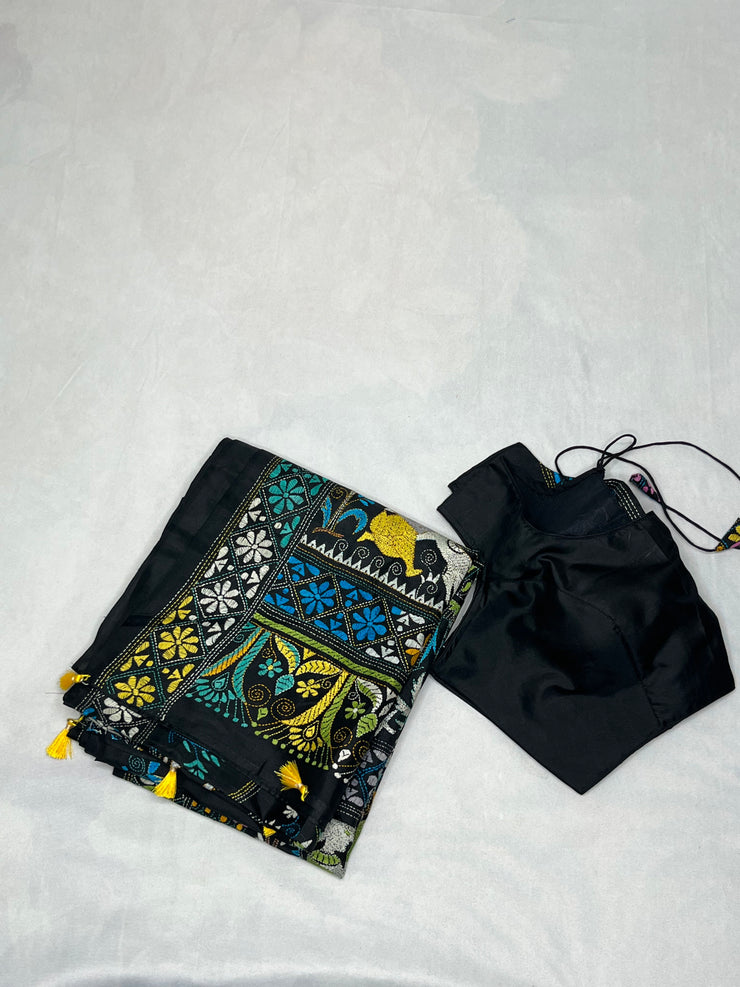 Black Pure Bangalore Silk Saree with Kantha Work and Stitched Blouse