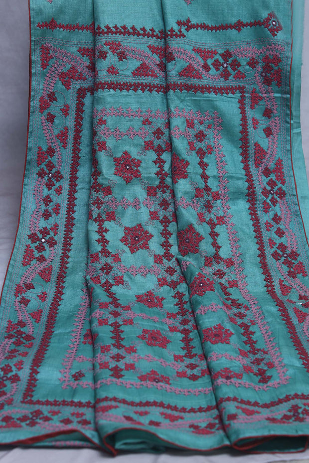 Pure tussar silk saree with kutch work, stitched blouse