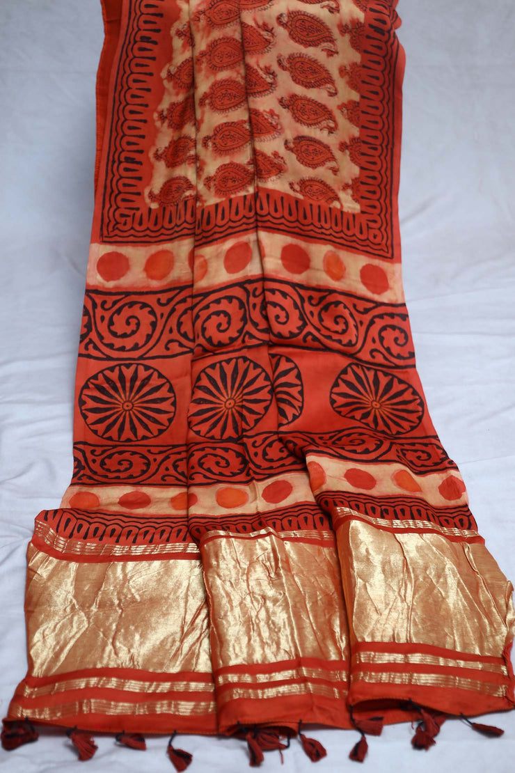 Vanaspati hand block print on modal silk saree with zari pallu and with stitched blouse