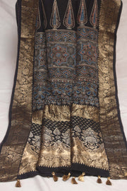 Dola Silk Saree with Ajrakh Hand Block Print , stitched blouse