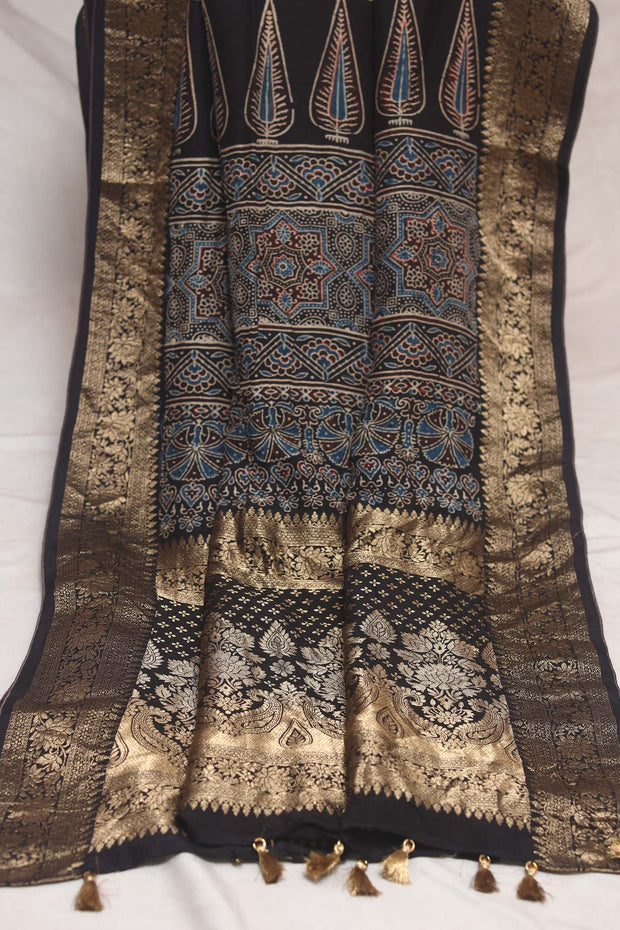 Dola silk saree with Ajrakh hand block print , stitched blouse