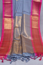 Grey semi silk saree with Pink temple border, with stitched blouse