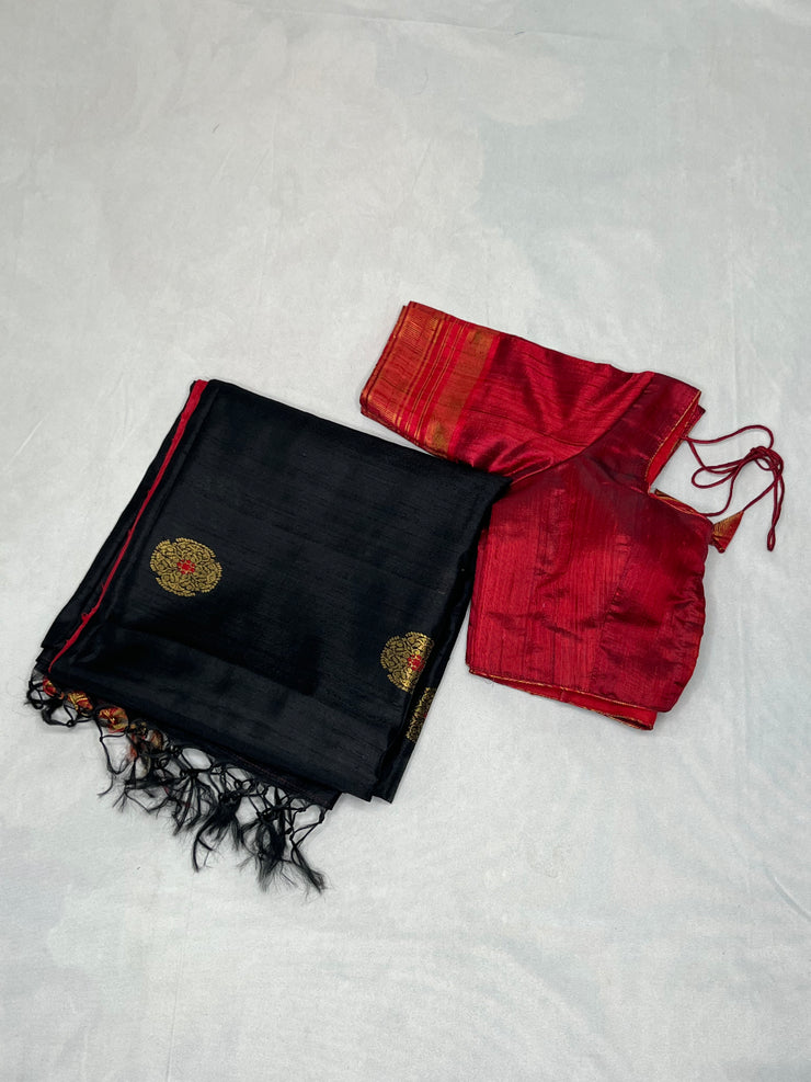 Black and Red Combo Pure Raw Silk Saree with Stitched Blouse