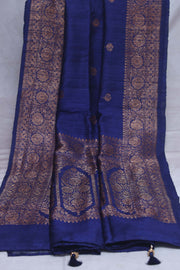 Navy blue dupion pure silk saree with stitched blouse