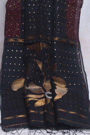 Black muslin pure silk saree with sequins weave, stitched blouse