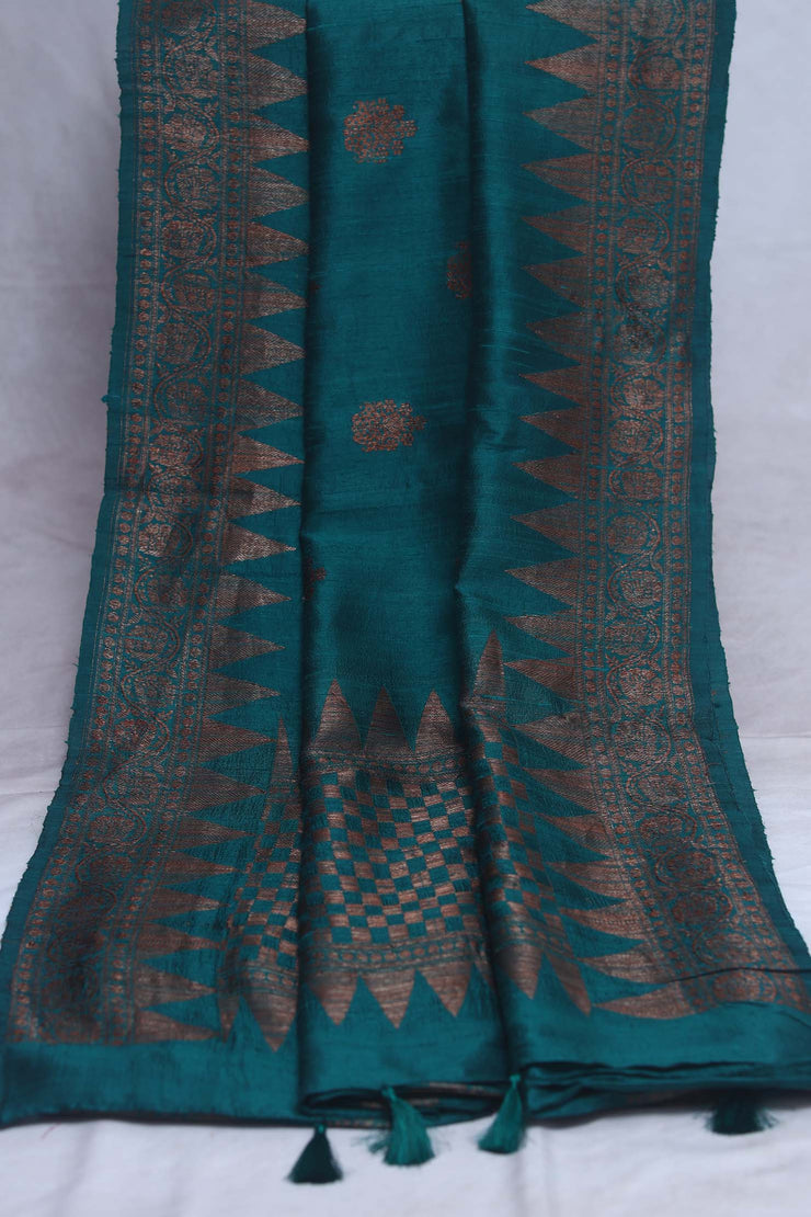 Bottle Green dupion pure silk saree with stitched blouse