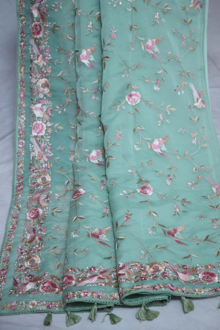 Sea Green soft organza saree with Parsi gara machine embroidery work , with stitched blouse