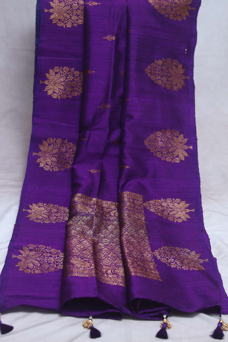 Purple dupion pure silk saree with stitched blouse