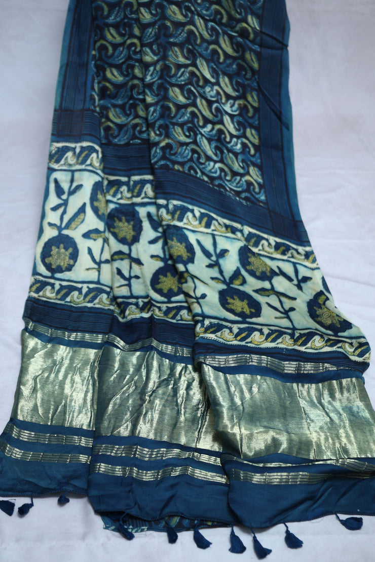 Vanaspati hand block print on modal silk saree with zari pallu and with stitched blouse