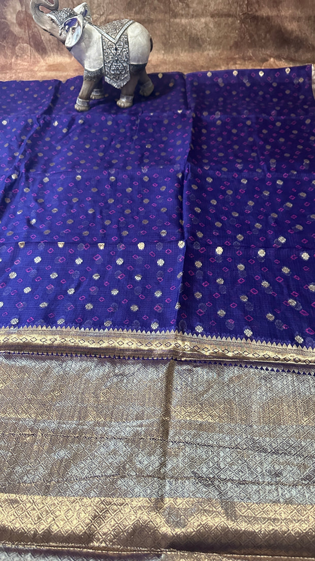 Blue Silk Katan Kotta Bandhej Saree with Stitched Blouse