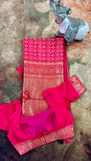 Pink silk saree with pattola weave, stitched blouse