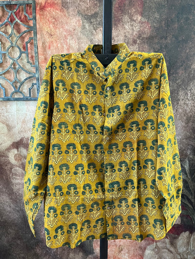 Mustard yellow ajrakh hand block printed cotton shirt-Size 42