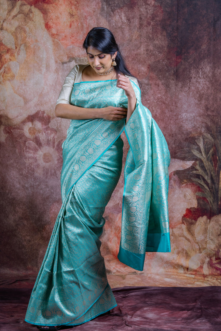 Copper sulphate blue pure katan banarsi saree with stitched blouse