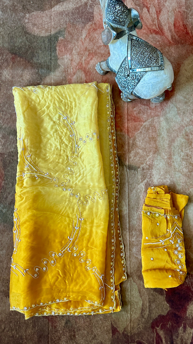 Yellow ombre georgette organza saree with embroidery work, BP