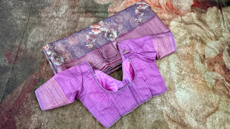 Lotus pink Semi tissue banarsi brocade saree with stitched bluse