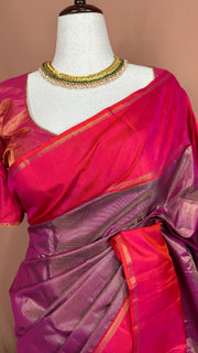 Handloom pure silk pink orange color tissue kanchivaram saree with stitched blouse