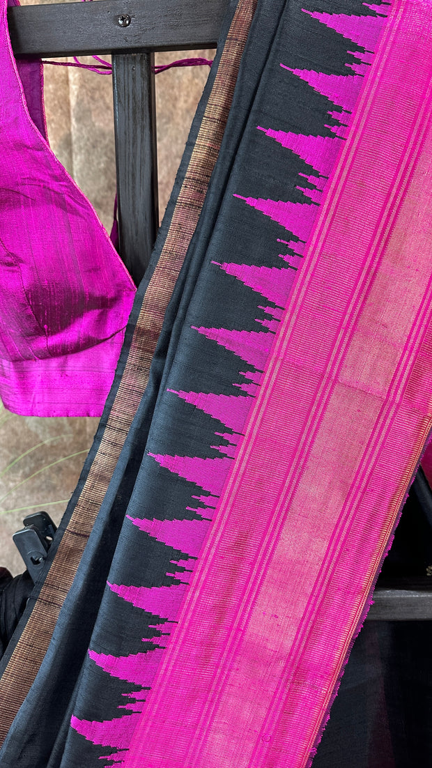 Black and Pink Combo Pure Raw Silk Saree with Stitched Blouse