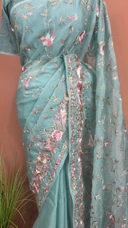 Light Blue Soft Organza Saree with Parsi Gara Machine Embroidery Work, with stitched blouse