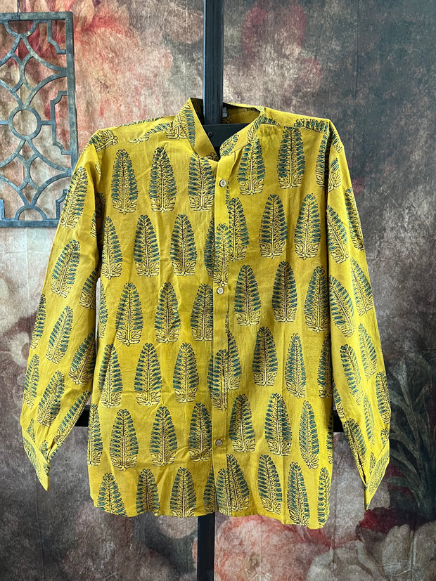 Mustard yellow ajrakh hand block printed cotton shirt-Size 40