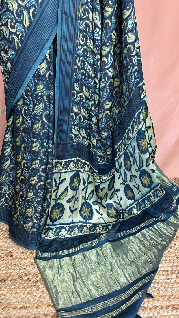 Vanaspati Hand Block Print on Modal Silk Saree with Zari Pallu and with stitched blouse