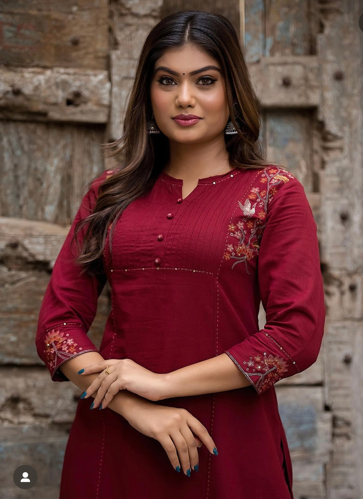 Maroon Cotton kurti with emroidery and bottom