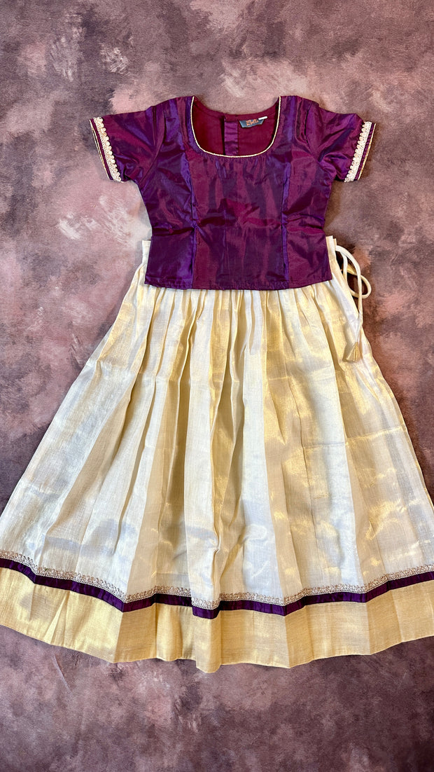 Onam skirt with wine red silk blouse - 5-6yr