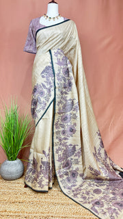 Semi Raw silk saree with lilac floral print and morrior work