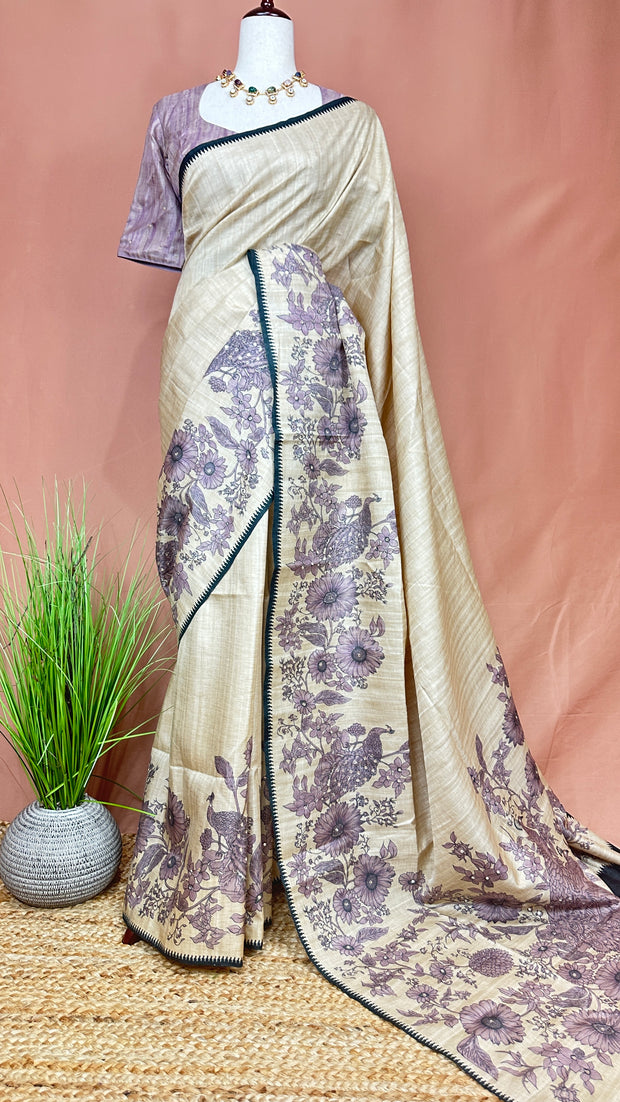 Semi Raw silk saree with lilac floral print and morrior work